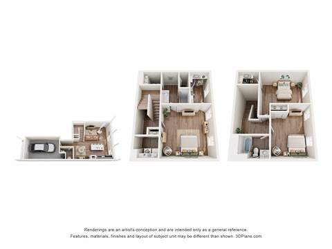 Three different layouts of a small apartment are shown.
